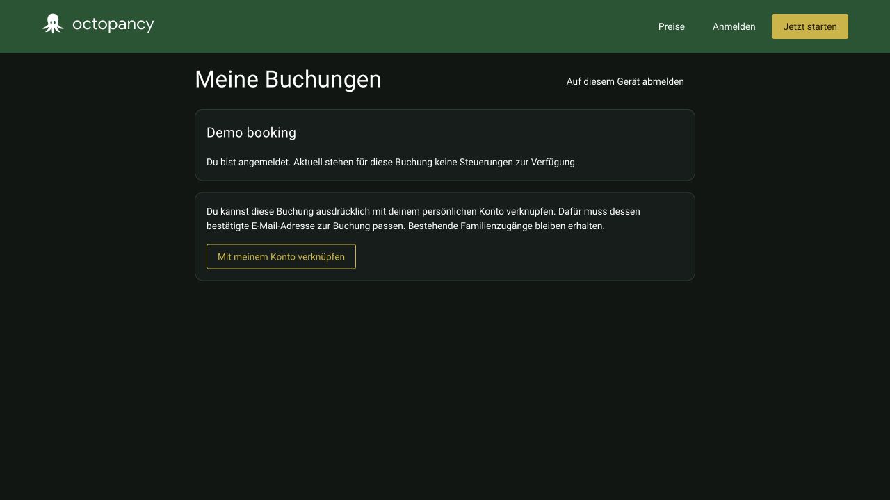 Angemeldete Beispielbuchung ohne aktuell verfügbare Steuerungen.