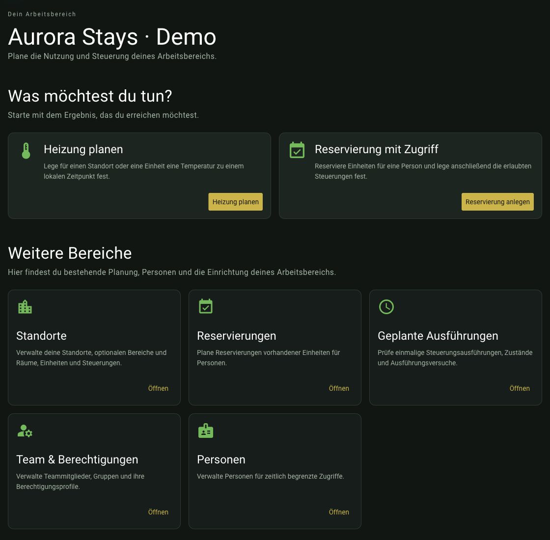 Übersicht des Demo-Arbeitsbereichs Aurora Stays mit den Einstiegspunkten für Planung und Verwaltung.