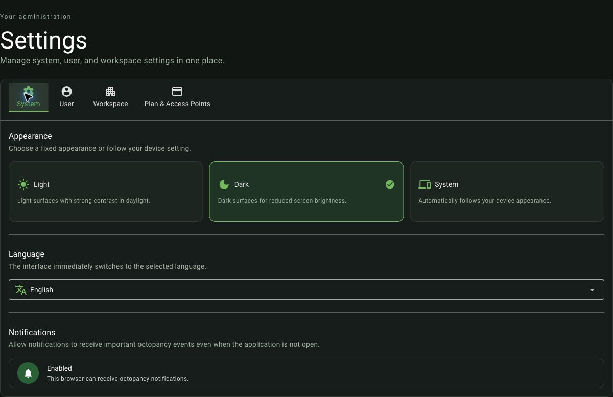 System settings showing appearance, language and enabled notifications.